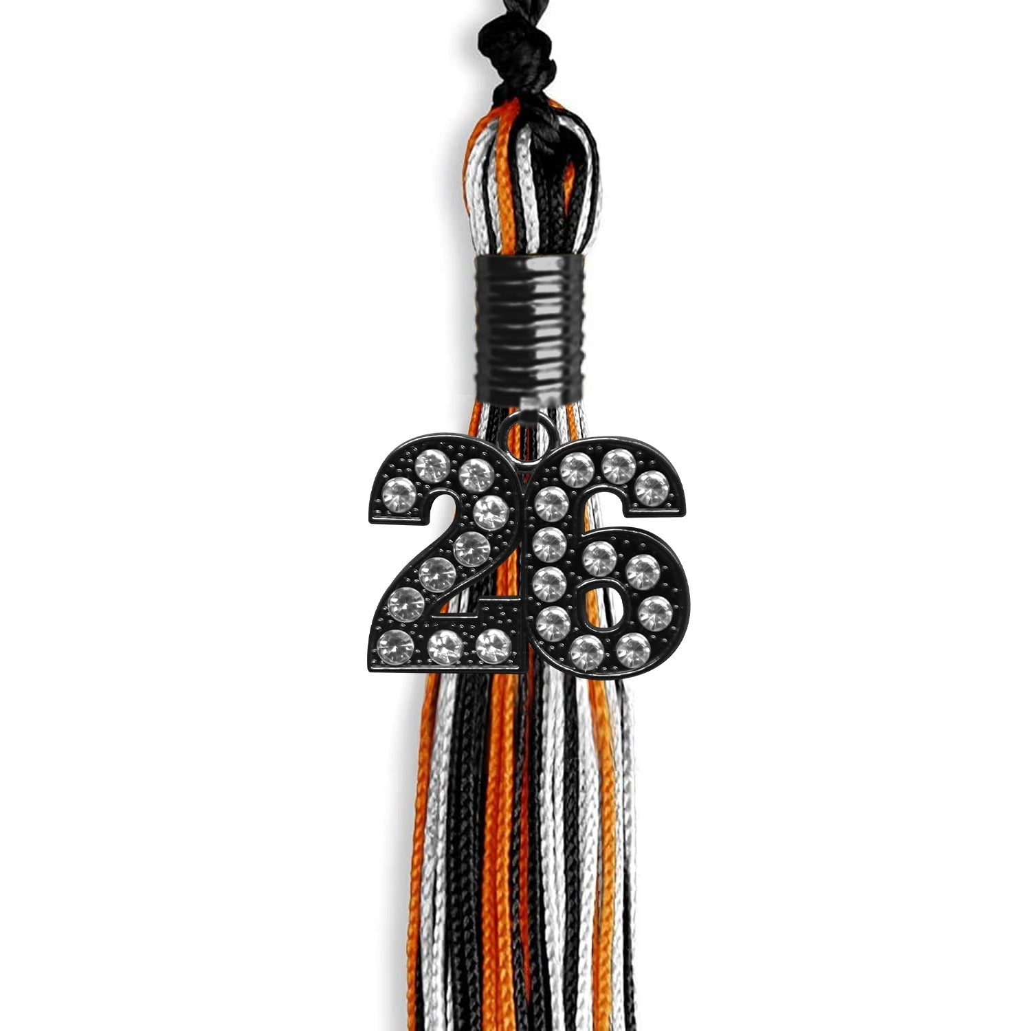 Black/Orange/White Mixed Color Graduation Tassel with Black Bling Charm by Wholesale Grad Supply