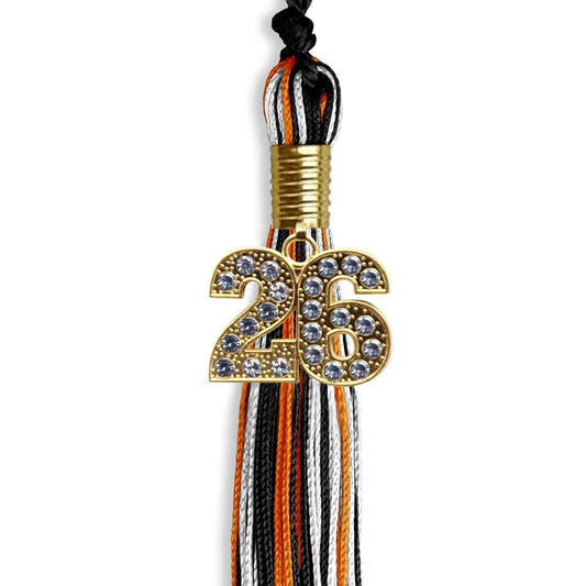 Black/Orange/White Mixed Color Graduation Tassel with Gold Bling Charm by Wholesale Grad Supply