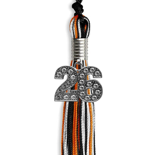 Black/Orange/White Mixed Color Graduation Tassel with Silver Bling Charm by Wholesale Grad Supply