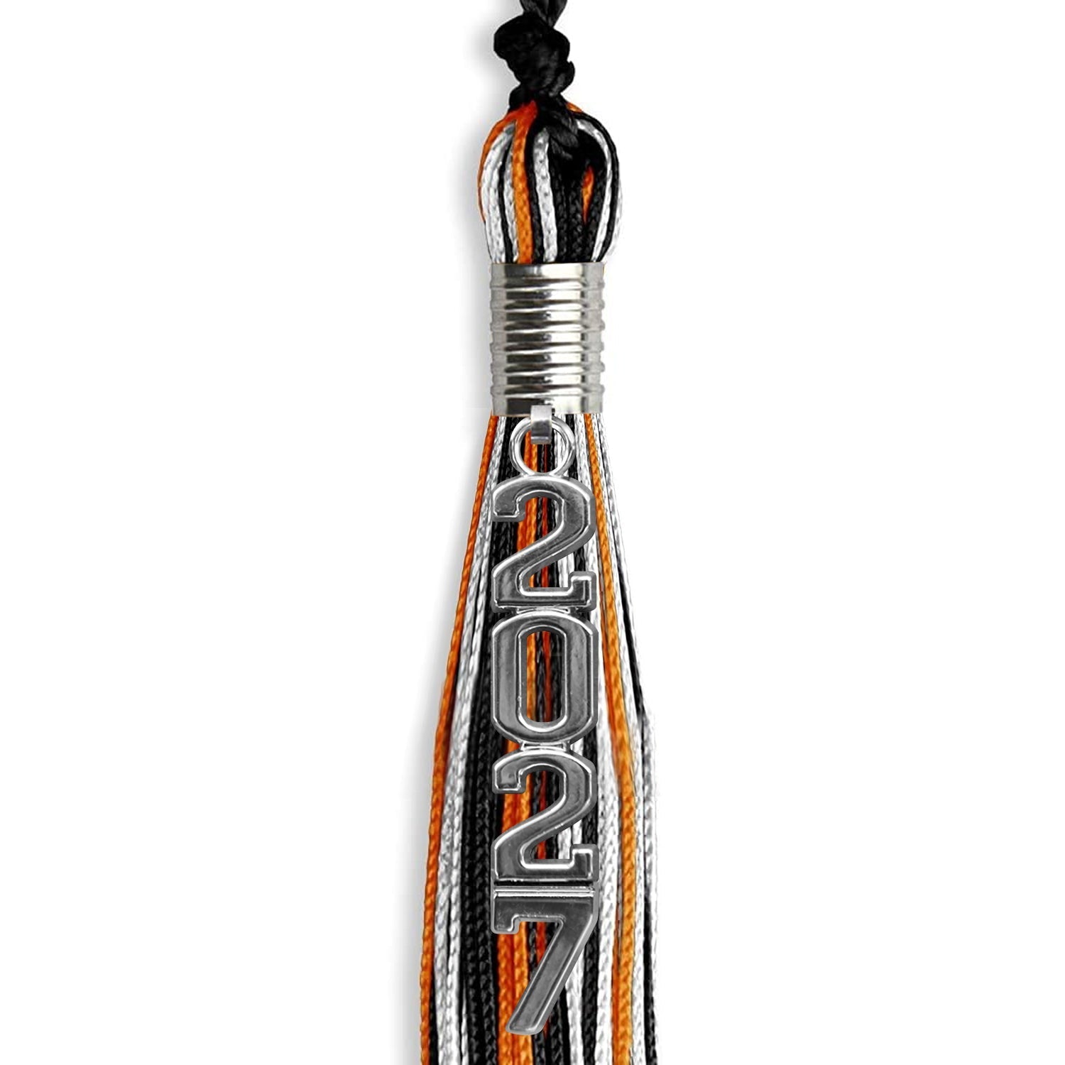 Black/Orange/White Mixed Color Graduation Tassel with Silver Stacked Date Drop by Wholesale Grad Supply