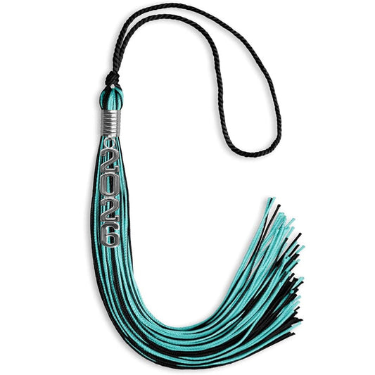 Black/Peacock Mixed Color Graduation Tassel with Stacked Silver Date Drop by Wholesale Grad Supply