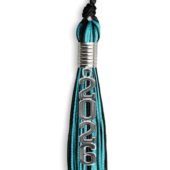 Black/Peacock Mixed Color Graduation Tassel with Stacked Silver Date Drop by Wholesale Grad Supply