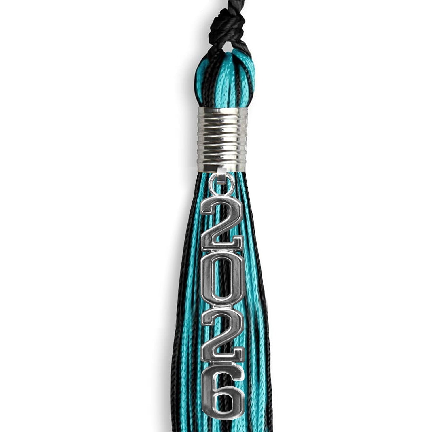 Black/Peacock Mixed Color Graduation Tassel with Stacked Silver Date Drop by Wholesale Grad Supply