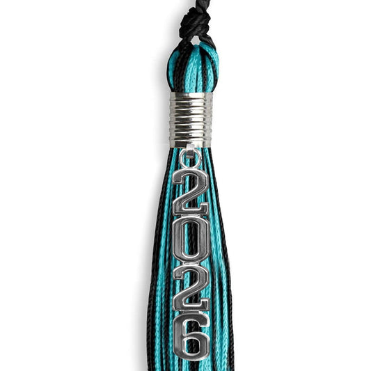Black/Peacock Mixed Color Graduation Tassel with Stacked Silver Date Drop by Wholesale Grad Supply