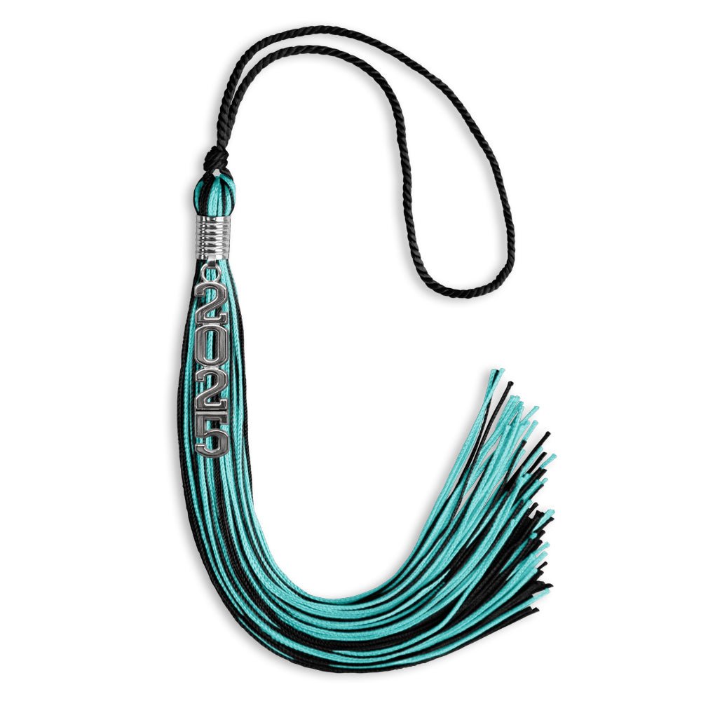 Black/Peacock Mixed Color Graduation Tassel with Stacked Silver Date Drop by Wholesale Grad Supply