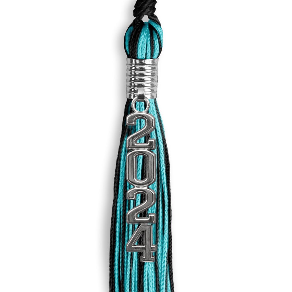 Black/Peacock Mixed Color Graduation Tassel with Stacked Silver Date Drop by Wholesale Grad Supply
