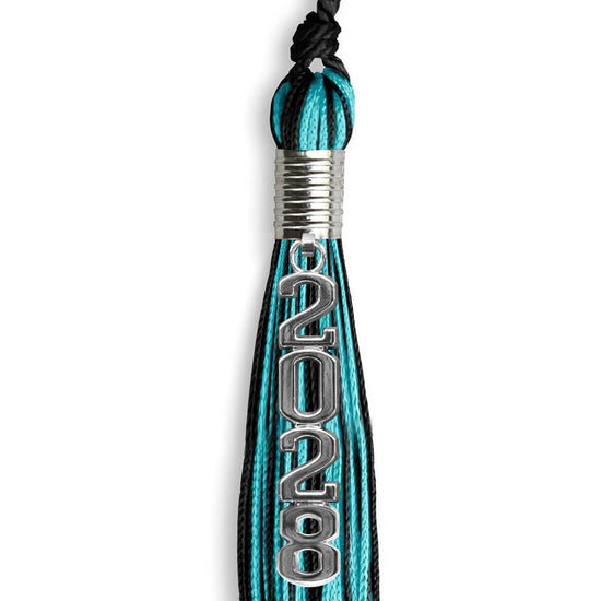 Black/Peacock Mixed Color Graduation Tassel with Stacked Silver Date Drop by Wholesale Grad Supply