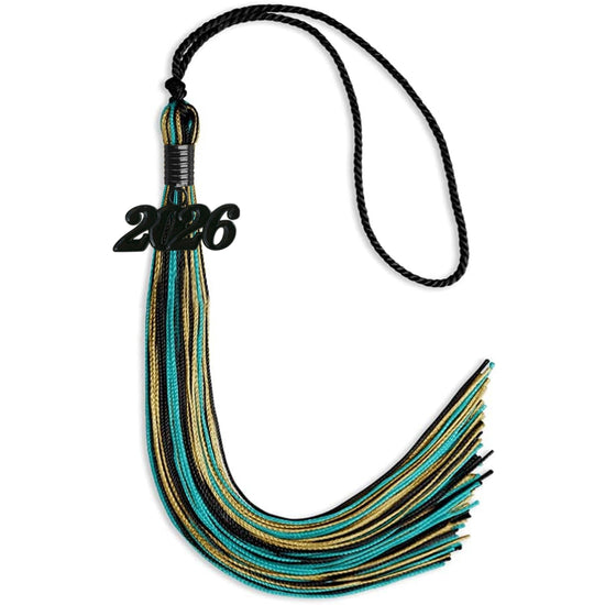 Black/Peacock/Antique Gold Mixed Color Gold Graduation Tassel with Black Bling Charm by Wholesale Grad Supply