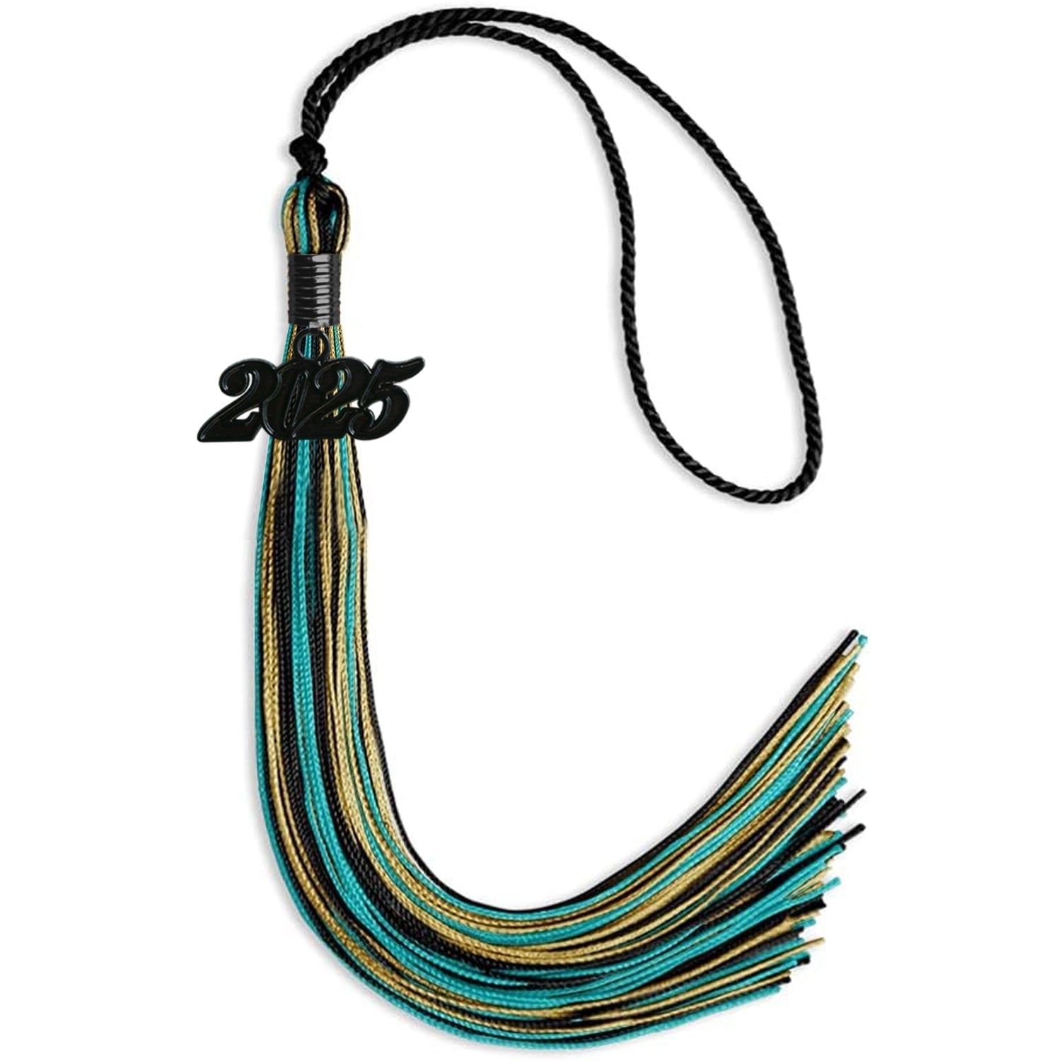 Black/Peacock/Antique Gold Mixed Color Gold Graduation Tassel with Black Bling Charm by Wholesale Grad Supply