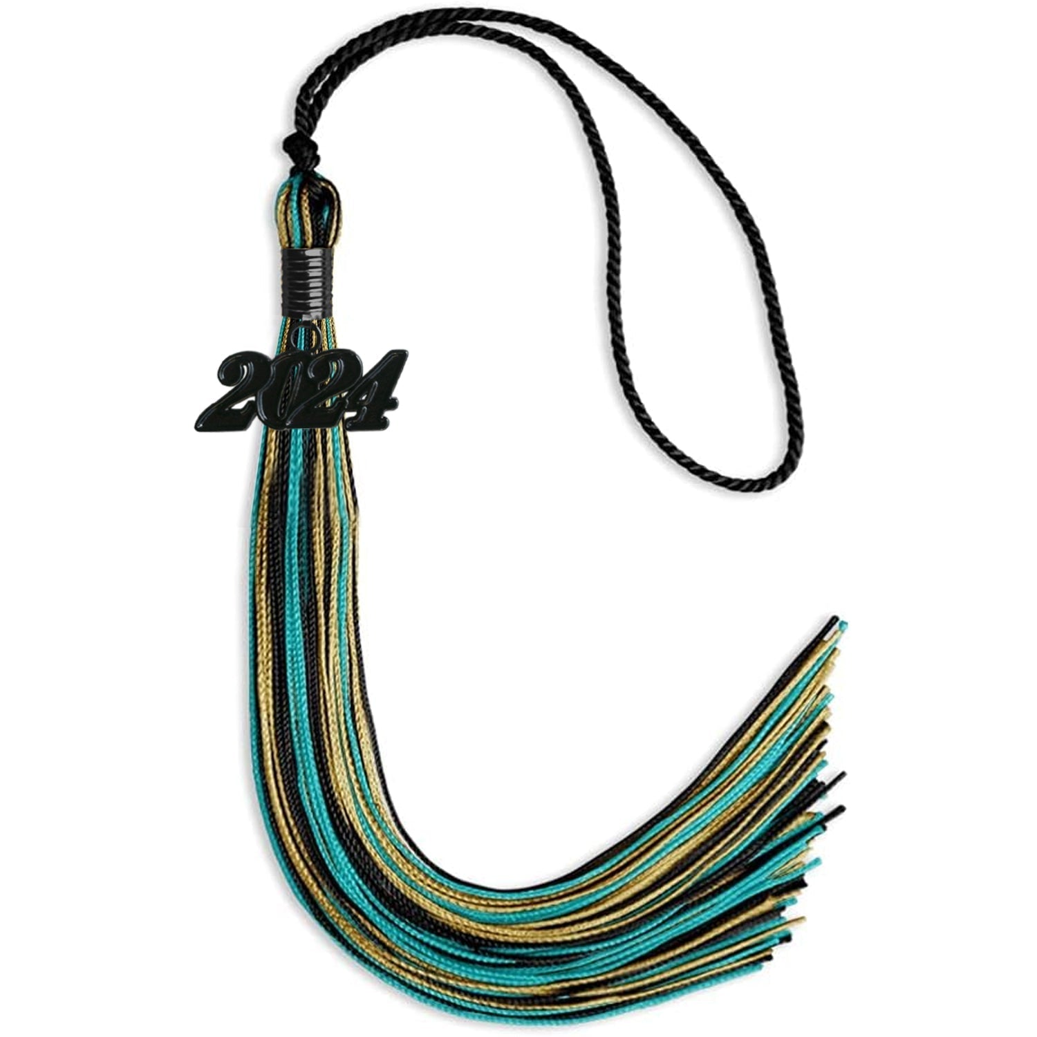 Black/Peacock/Antique Gold Mixed Color Gold Graduation Tassel with Black Bling Charm by Wholesale Grad Supply