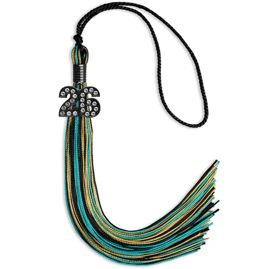 Black/Peacock/Antique Gold Mixed Color Gold Graduation Tassel with Black Bling Charm by Wholesale Grad Supply