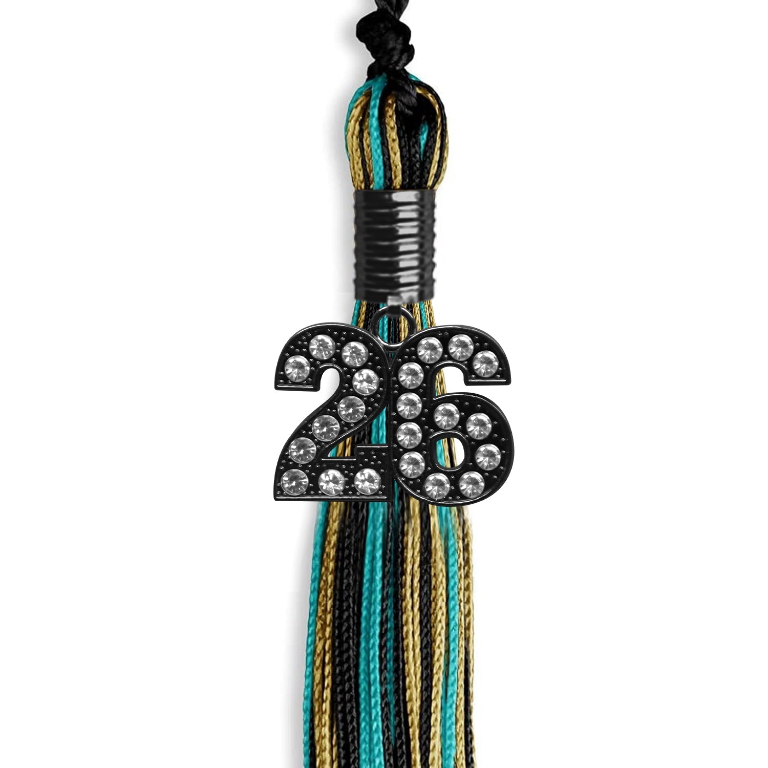 Black/Peacock/Antique Gold Mixed Color Gold Graduation Tassel with Black Bling Charm by Wholesale Grad Supply