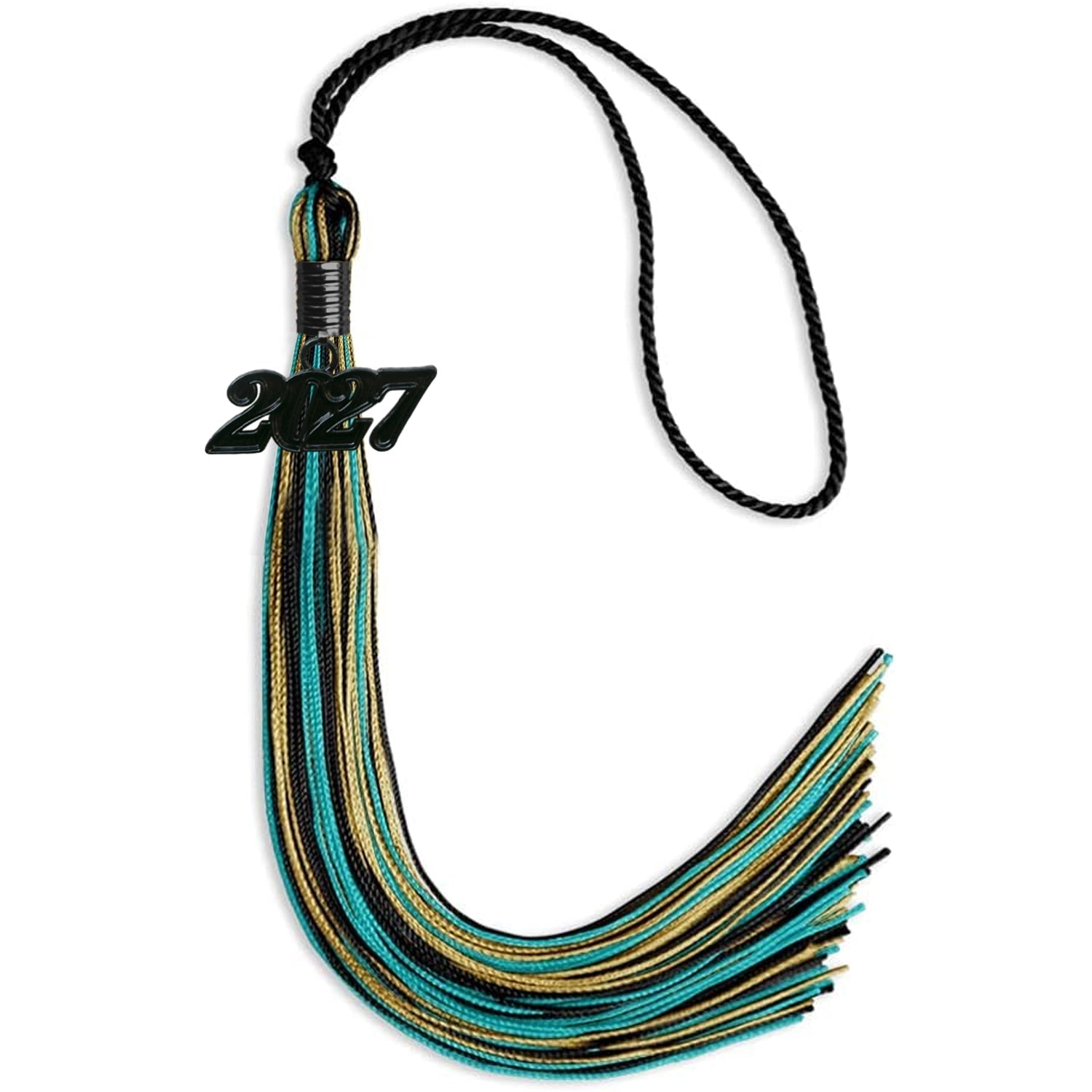 Black/Peacock/Antique Gold Mixed Color Gold Graduation Tassel with Black Bling Charm by Wholesale Grad Supply