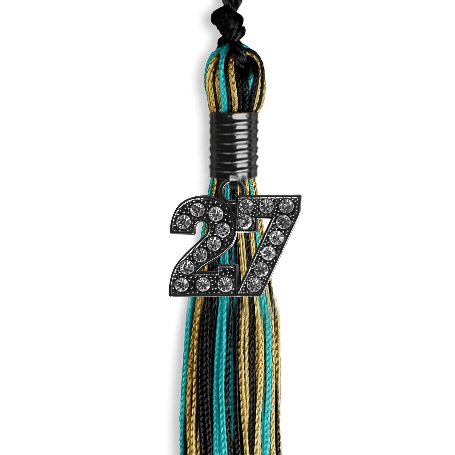 Black/Peacock/Antique Gold Mixed Color Gold Graduation Tassel with Black Bling Charm by Wholesale Grad Supply