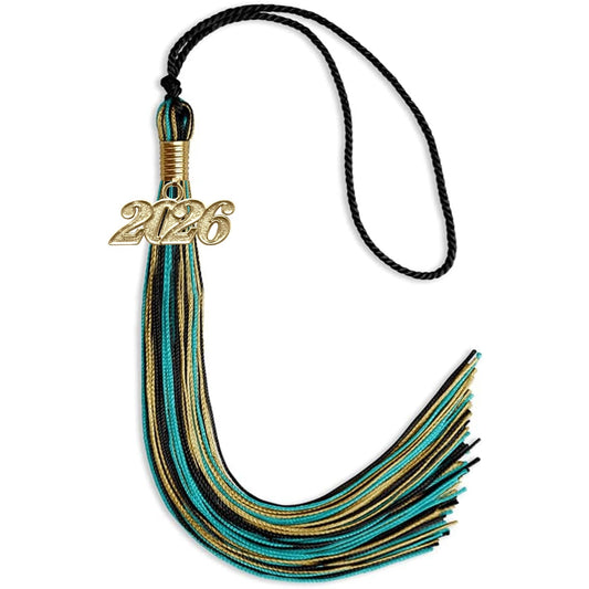 Black/Peacock/Antique Gold Mixed Color Graduation Tassel with Gold Bling Charm by Wholesale Grad Supply