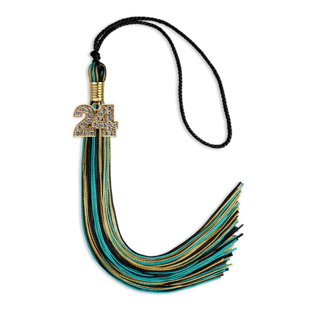 Black/Peacock/Antique Gold Mixed Color Graduation Tassel with Gold Bling Charm by Wholesale Grad Supply