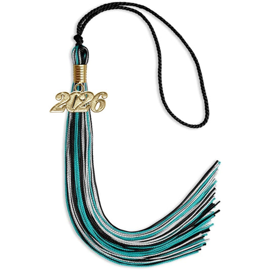 Black/Peacock/Silver Mixed Color Graduation Tassel with Gold Bling Charm by Wholesale Grad Supply