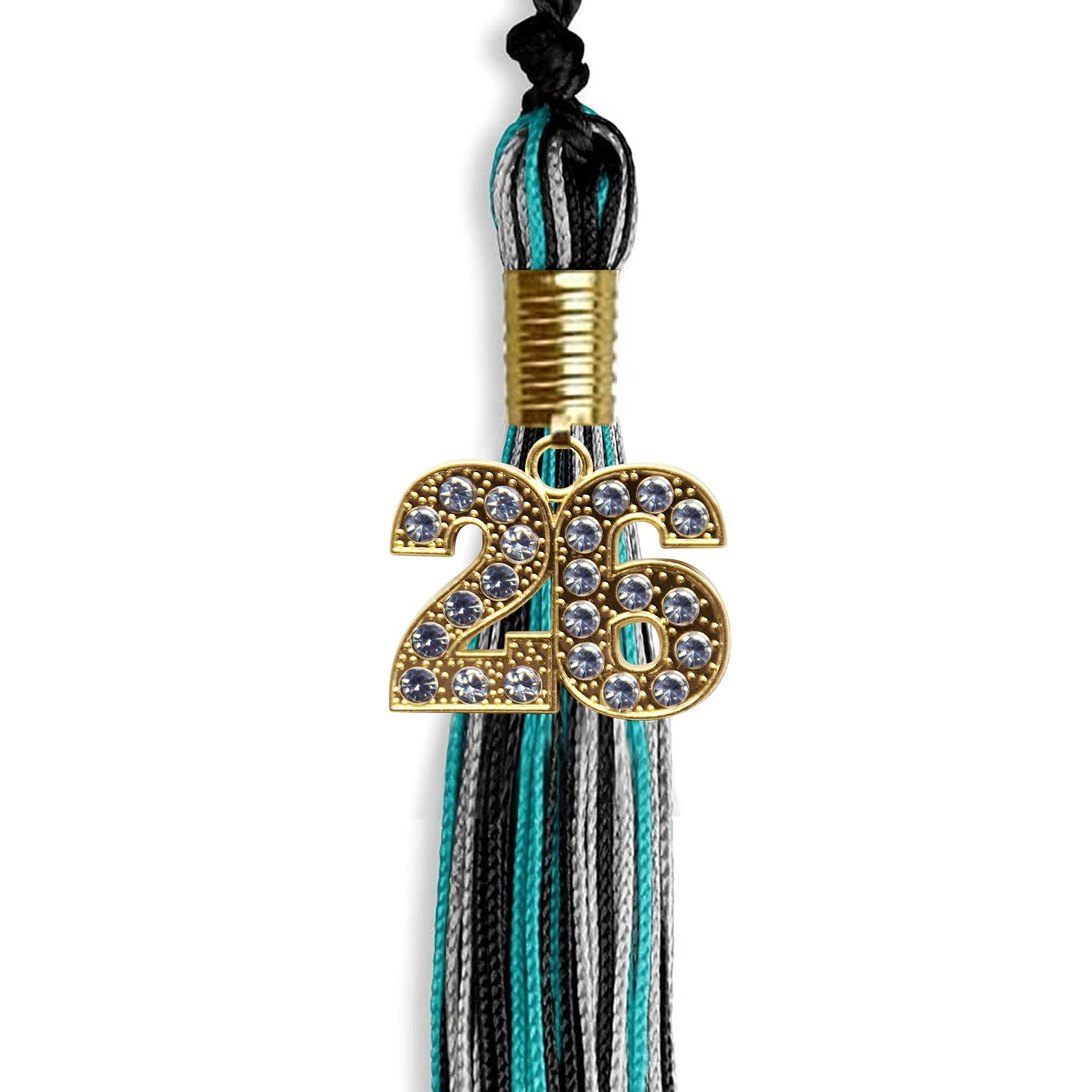 Black/Peacock/Silver Mixed Color Graduation Tassel with Gold Bling Charm by Wholesale Grad Supply
