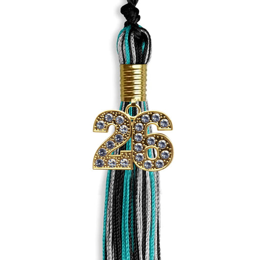 Black/Peacock/Silver Mixed Color Graduation Tassel with Gold Bling Charm by Wholesale Grad Supply
