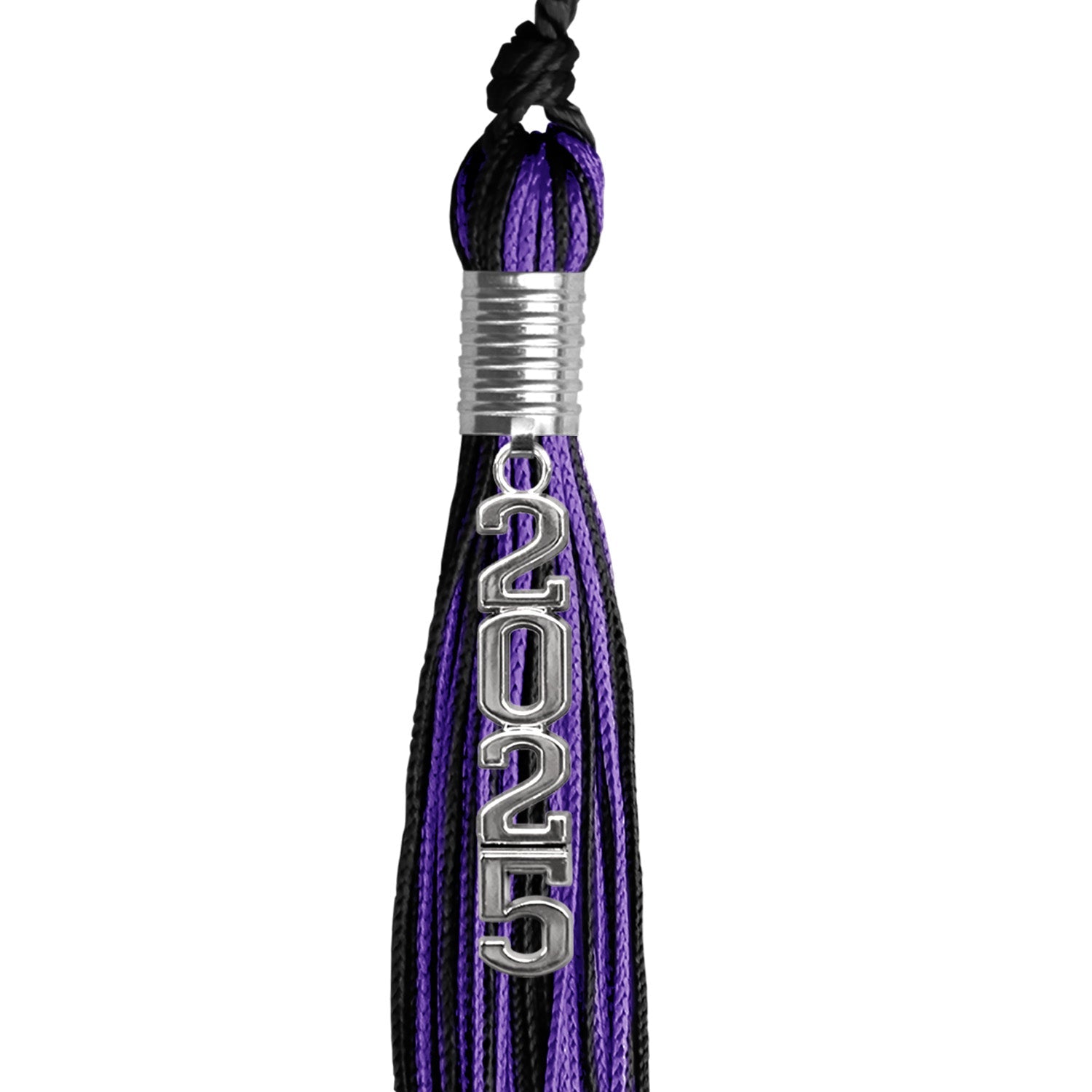 Black/Purple Mixed Color Graduation Tassel with Stacked Silver Date Drop by Wholesale Grad Supply