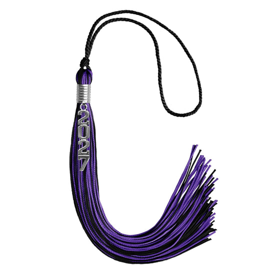 Black/Purple Mixed Color Graduation Tassel with Stacked Silver Date Drop by Wholesale Grad Supply