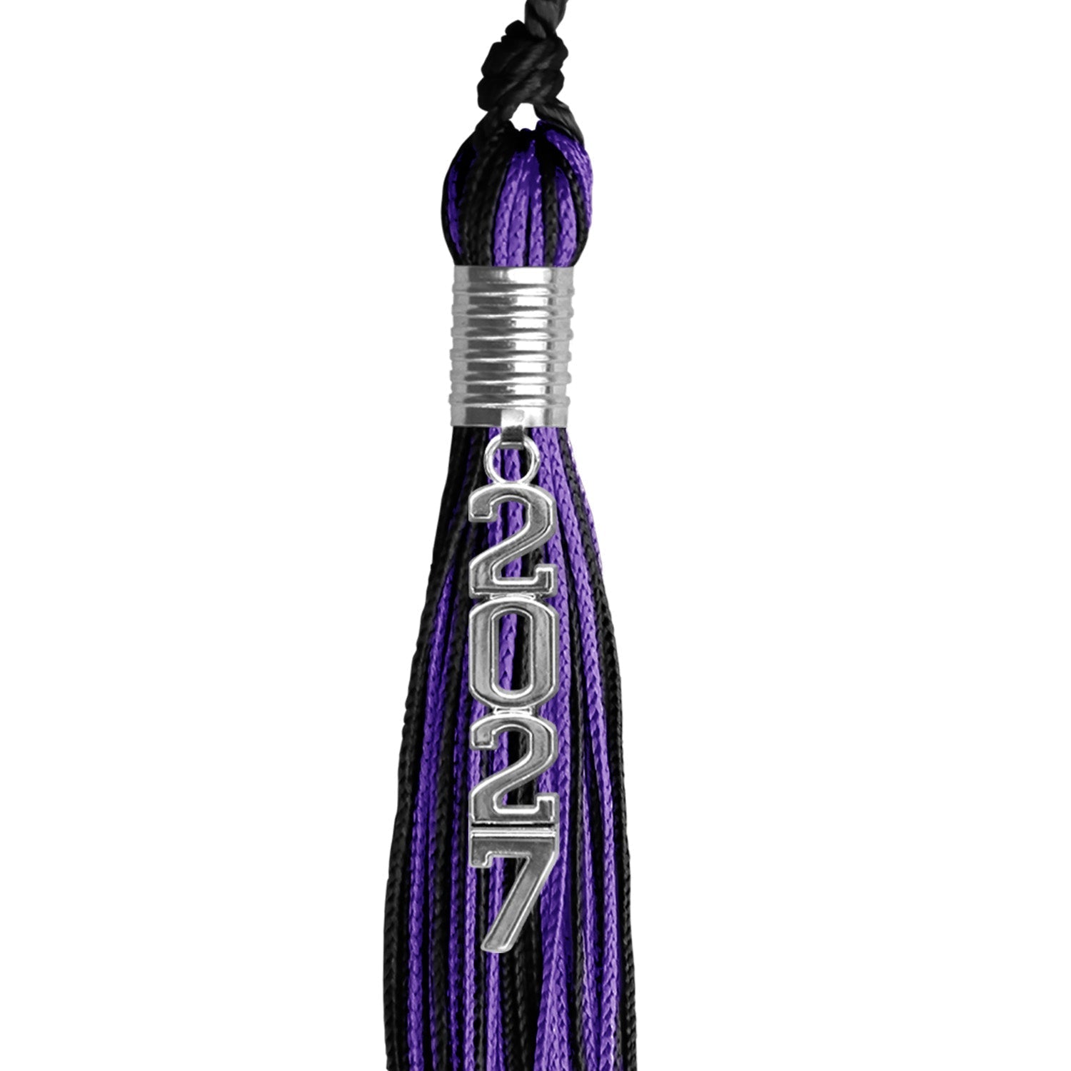 Black/Purple Mixed Color Graduation Tassel with Stacked Silver Date Drop by Wholesale Grad Supply