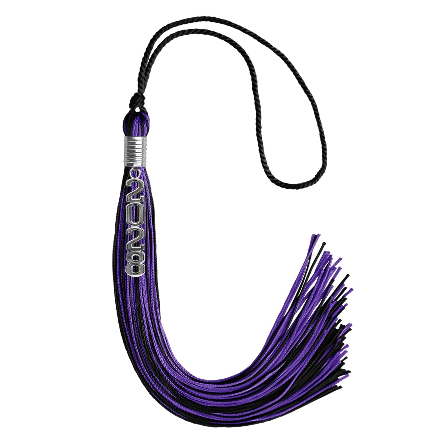 Black/Purple Mixed Color Graduation Tassel with Stacked Silver Date Drop by Wholesale Grad Supply