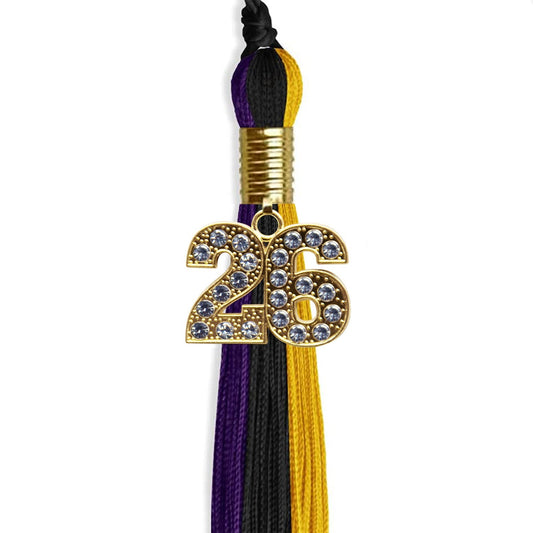 Black/Purple/Gold Graduation Tassel with Gold Bling Charm by Wholesale Grad Supply