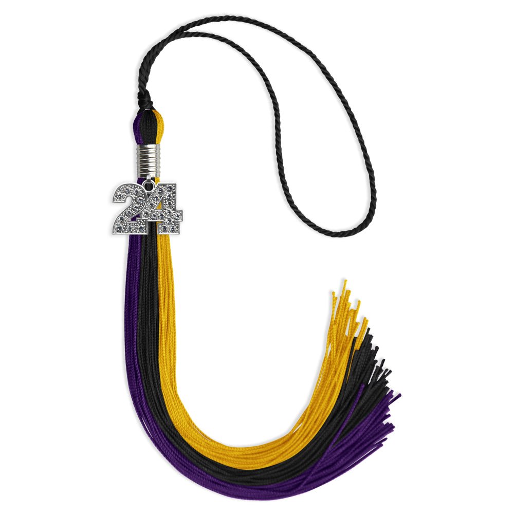 Black/Purple/Gold Graduation Tassel with Silver Bling Charm by Wholesale Grad Supply
