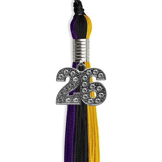 Black/Purple/Gold Graduation Tassel with Silver Bling Charm by Wholesale Grad Supply