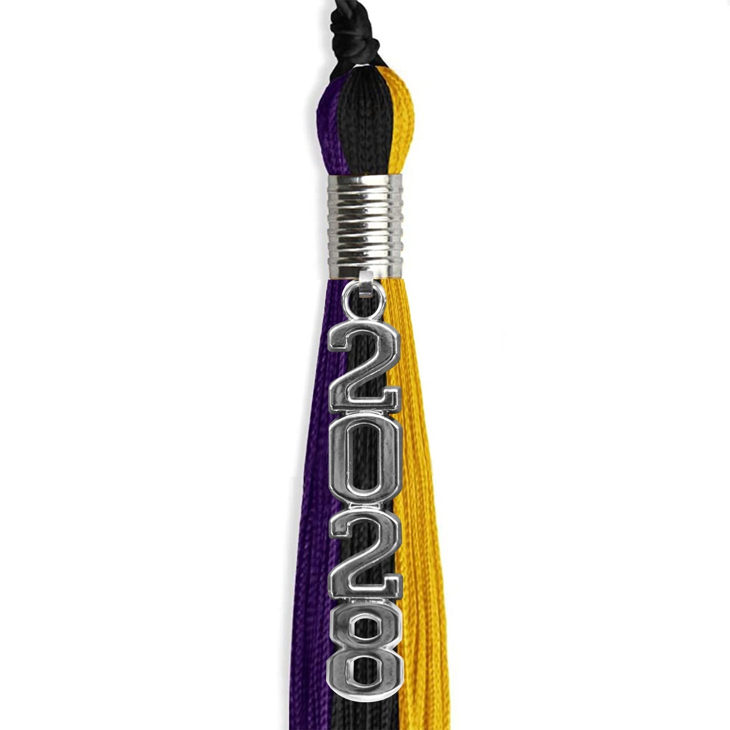 Black/Purple/Gold Graduation Tassel with Silver Stacked Date Drop by Wholesale Grad Supply
