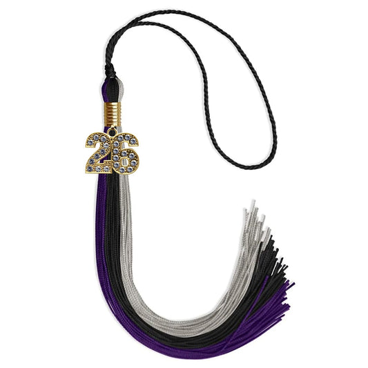 Black/Purple/Grey Graduation Tassel with Gold Bling Charm by Wholesale Grad Supply