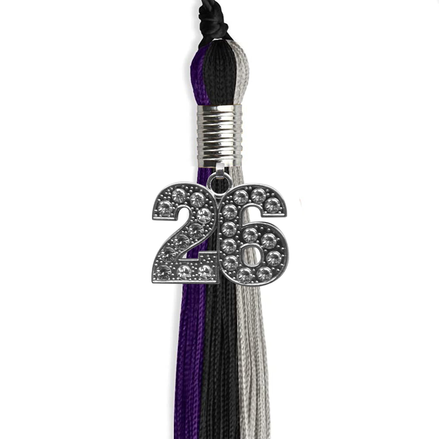 Black/Purple/Grey Graduation Tassel with Silver Bling Charm by Wholesale Grad Supply