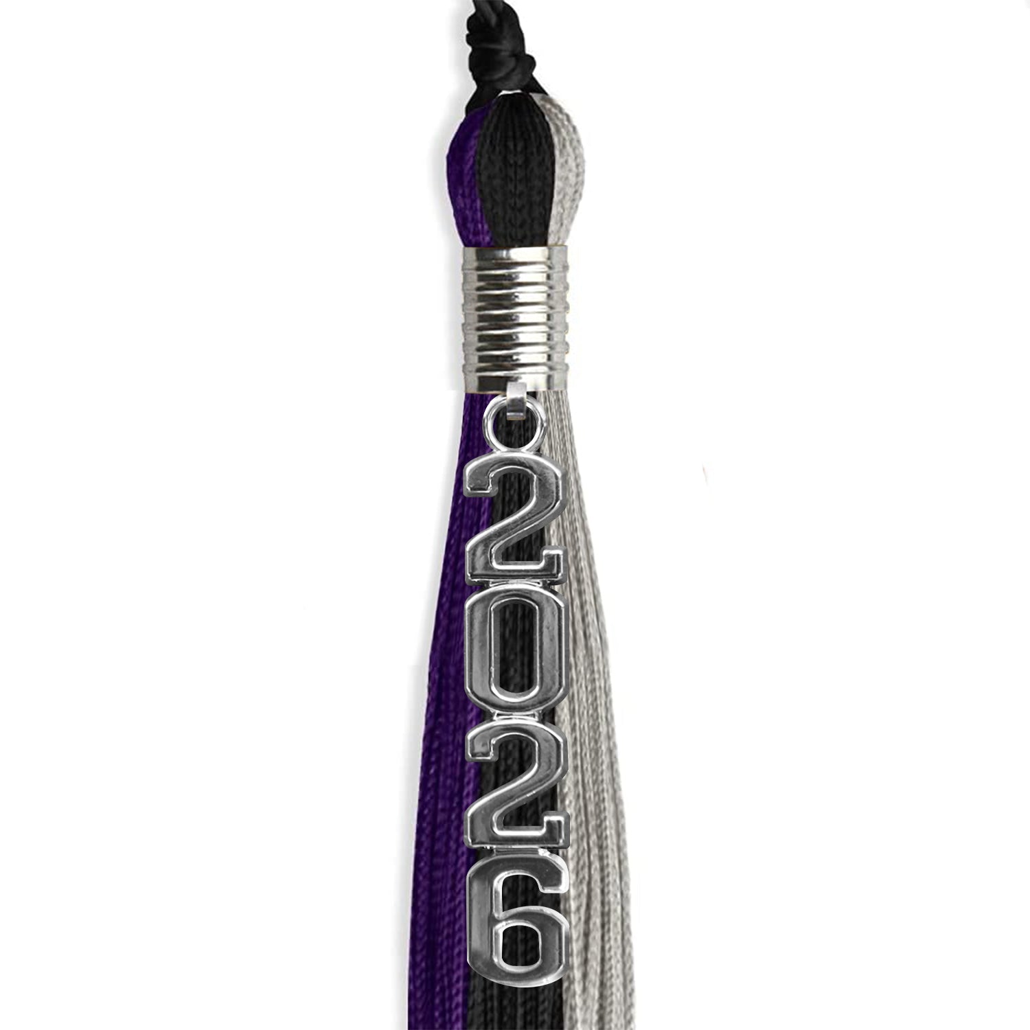 Black/Purple/Grey Graduation Tassel with Silver Stacked Date Drop by Wholesale Grad Supply