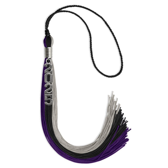 Black/Purple/Grey Graduation Tassel with Silver Stacked Date Drop by Wholesale Grad Supply