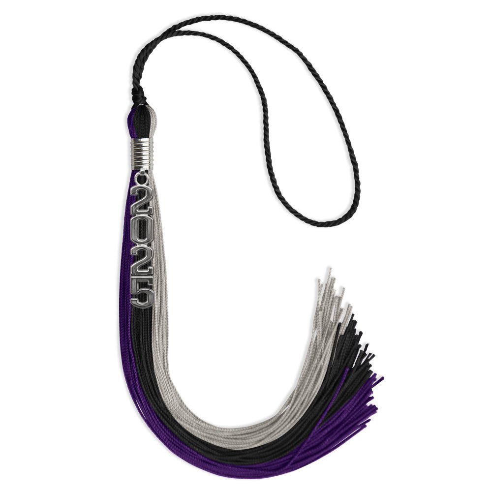 Black/Purple/Grey Graduation Tassel with Silver Stacked Date Drop by Wholesale Grad Supply