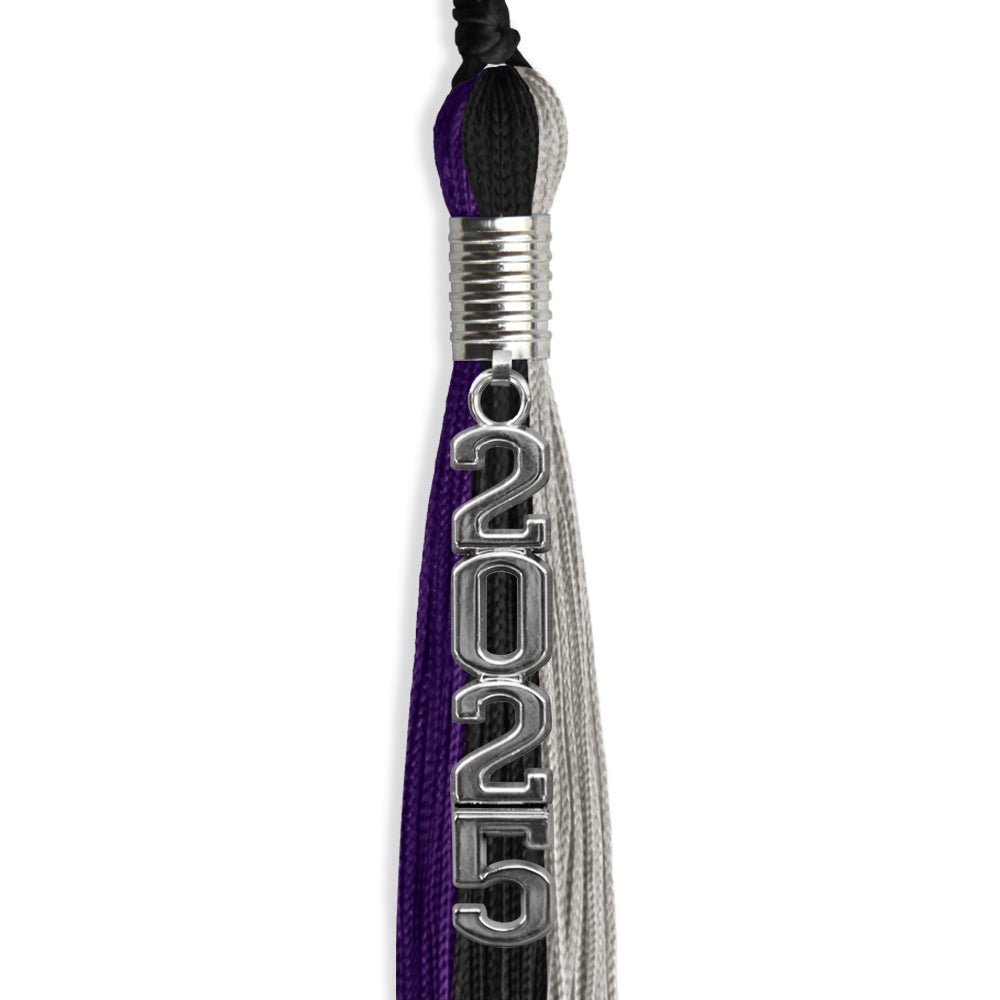 Black/Purple/Grey Graduation Tassel with Silver Stacked Date Drop by Wholesale Grad Supply