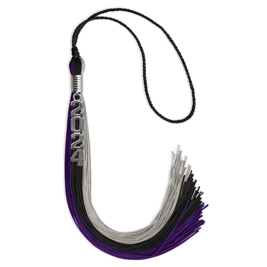 Black/Purple/Grey Graduation Tassel with Silver Stacked Date Drop by Wholesale Grad Supply