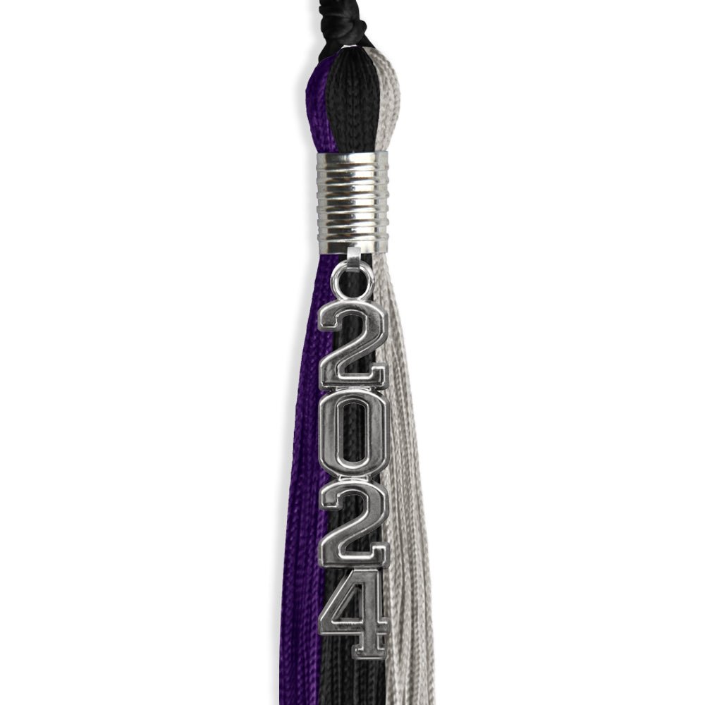 Black/Purple/Grey Graduation Tassel with Silver Stacked Date Drop by Wholesale Grad Supply