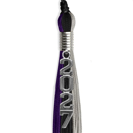 Black/Purple/Grey Graduation Tassel with Silver Stacked Date Drop by Wholesale Grad Supply
