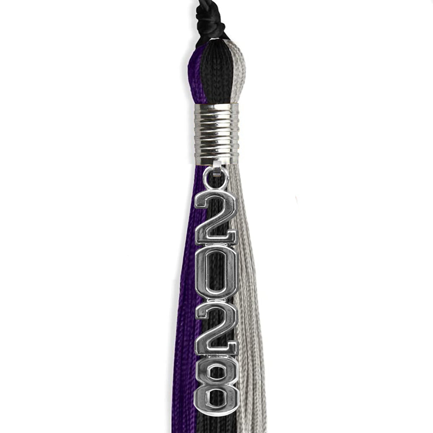 Black/Purple/Grey Graduation Tassel with Silver Stacked Date Drop by Wholesale Grad Supply