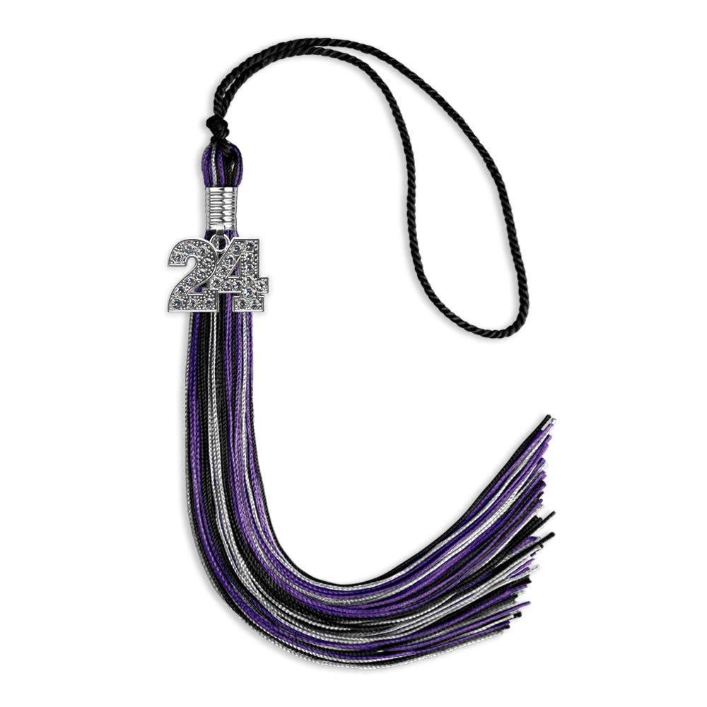 Black/Purple/Silver Mixed Color Graduation Tassel with Silver Bling Charm by Wholesale Grad Supply