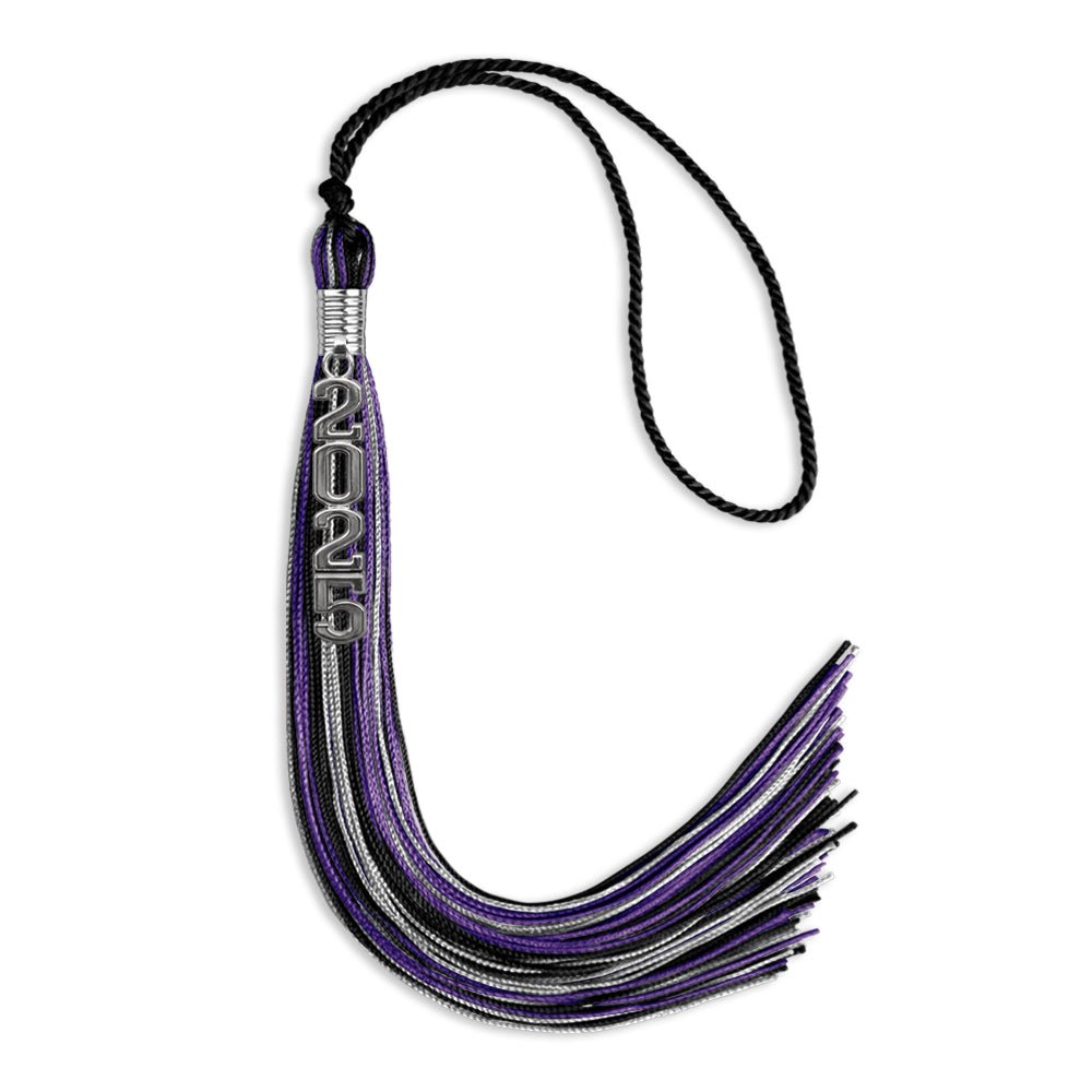 Black/Purple/Silver Mixed Color Graduation Tassel with Silver Stacked Date Drop by Wholesale Grad Supply