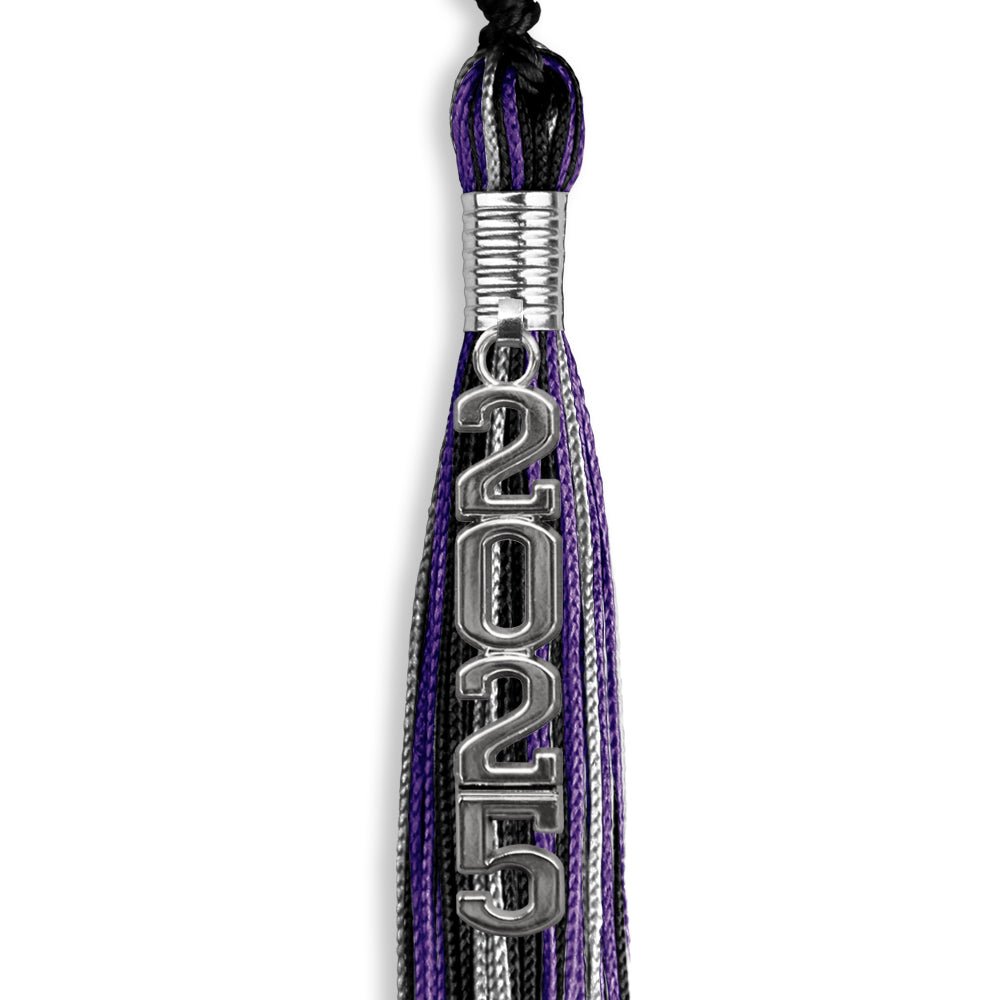 Black/Purple/Silver Mixed Color Graduation Tassel with Silver Stacked Date Drop by Wholesale Grad Supply