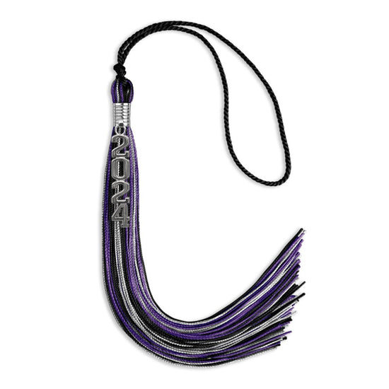 Black/Purple/Silver Mixed Color Graduation Tassel with Silver Stacked Date Drop by Wholesale Grad Supply