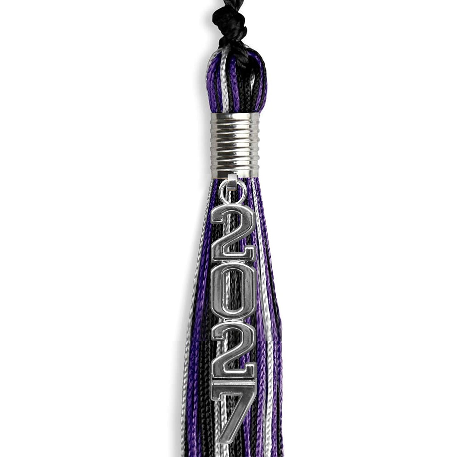 Black/Purple/Silver Mixed Color Graduation Tassel with Silver Stacked Date Drop by Wholesale Grad Supply