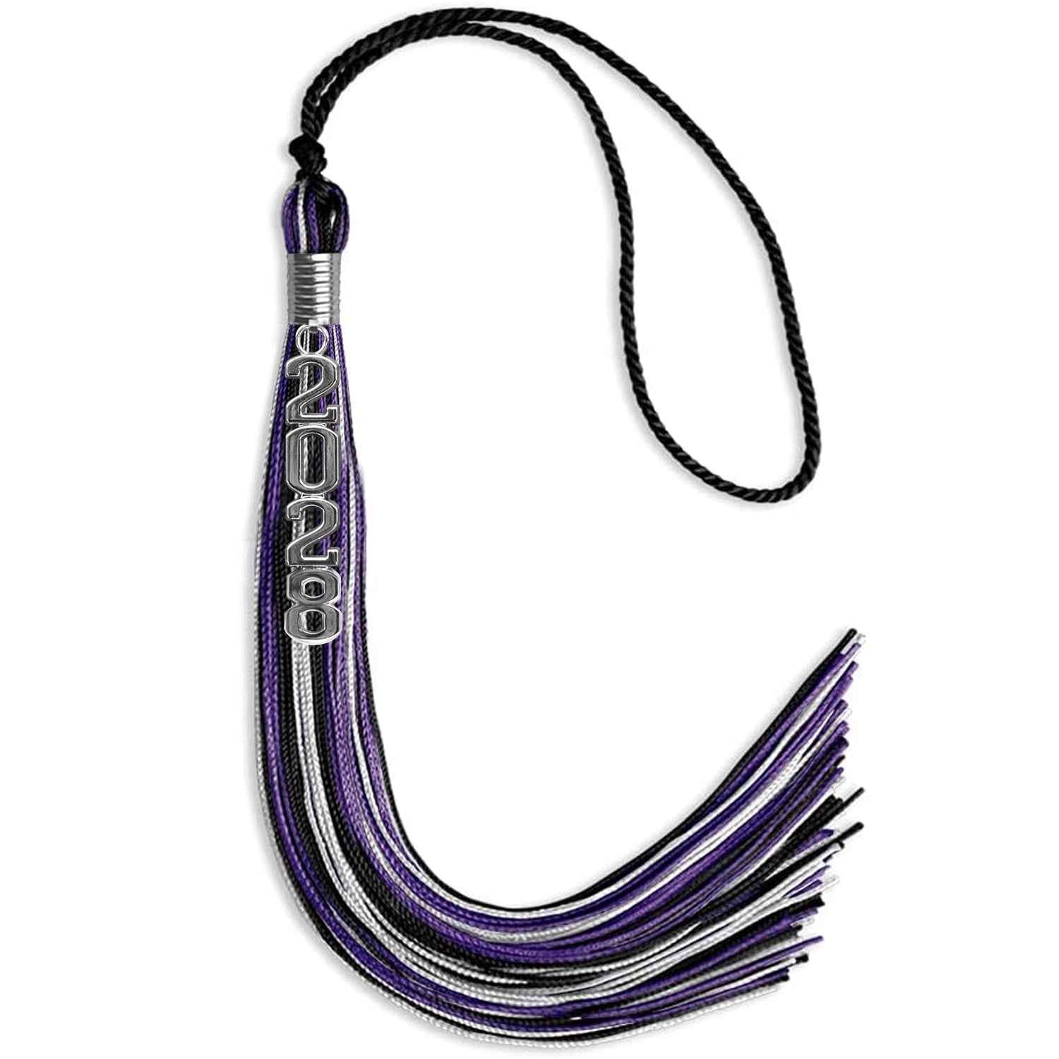 Black/Purple/Silver Mixed Color Graduation Tassel with Silver Stacked Date Drop by Wholesale Grad Supply