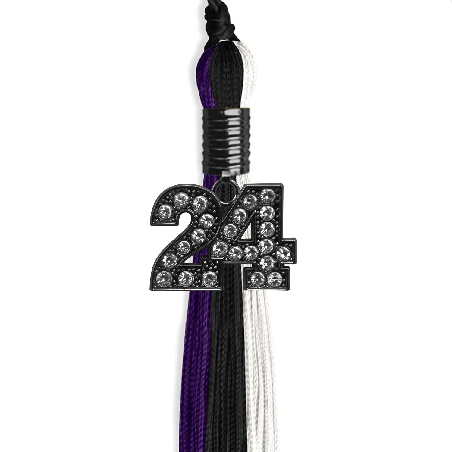 Black/Purple/White Graduation Tassel with Black Bling Charm by Wholesale Grad Supply