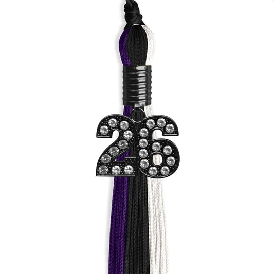 Black/Purple/White Graduation Tassel with Black Bling Charm by Wholesale Grad Supply