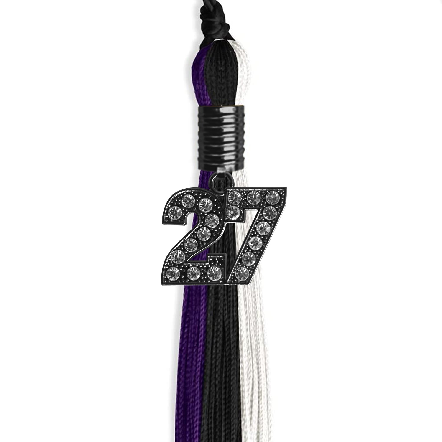 Black/Purple/White Graduation Tassel with Black Bling Charm by Wholesale Grad Supply